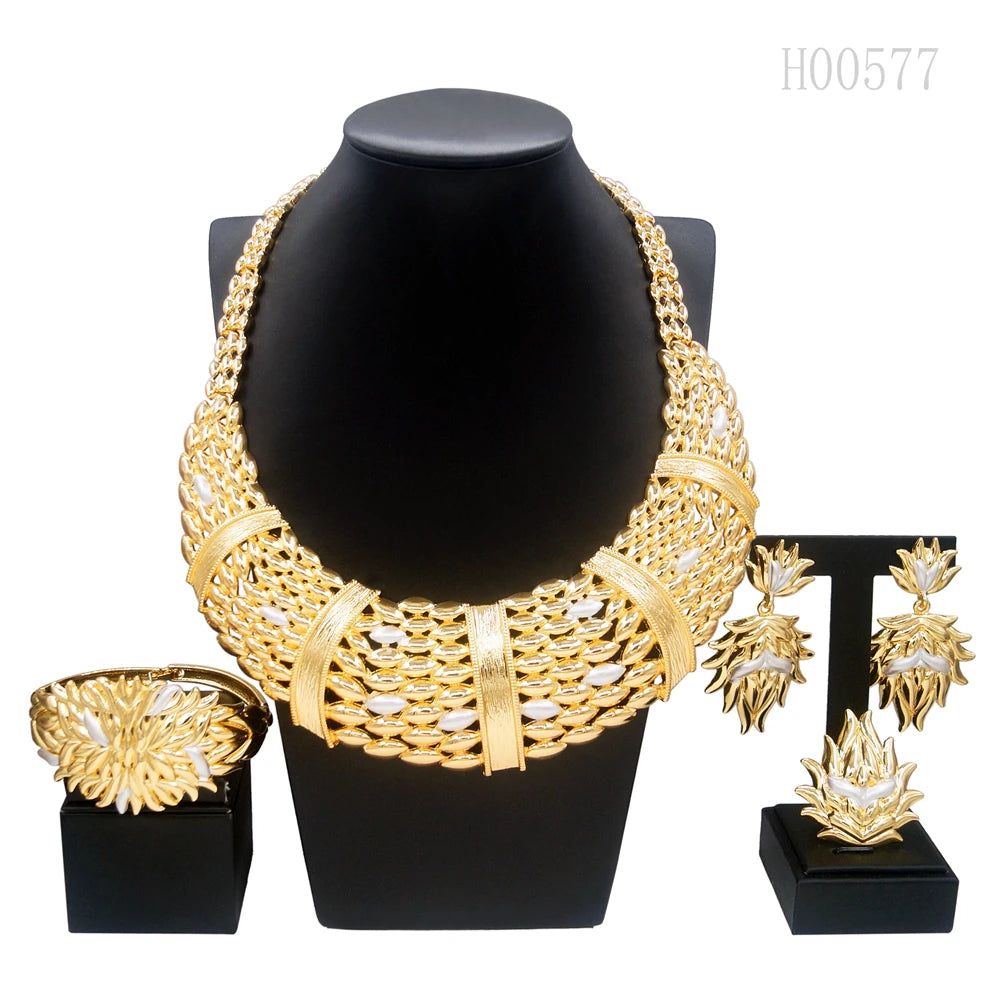 Woman Jewelry Set Italian Gold Plated Big Necklace Bracelet Ring Luxury Hollow Out Round Pendant Banquet Party Favors
