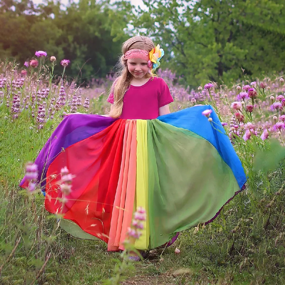 2021 New Baby Girl Cotton Fashion Rainbow Short Sleeve Color Block Colorful Party Dresses for Kids Princess Kids Dress 1-7years