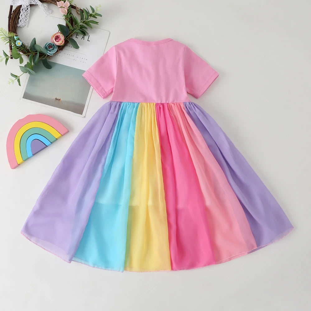 2021 New Baby Girl Cotton Fashion Rainbow Short Sleeve Color Block Colorful Party Dresses for Kids Princess Kids Dress 1-7years