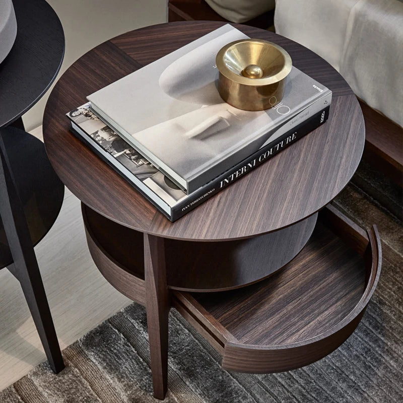 Living Room Small Round Wooden Table with Drawer,Simple Sofa Side Table, Coffee Tea Table