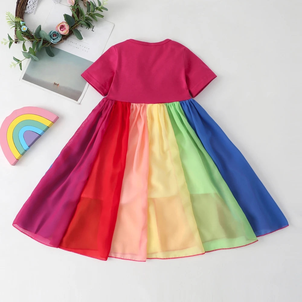 2021 New Baby Girl Cotton Fashion Rainbow Short Sleeve Color Block Colorful Party Dresses for Kids Princess Kids Dress 1-7years