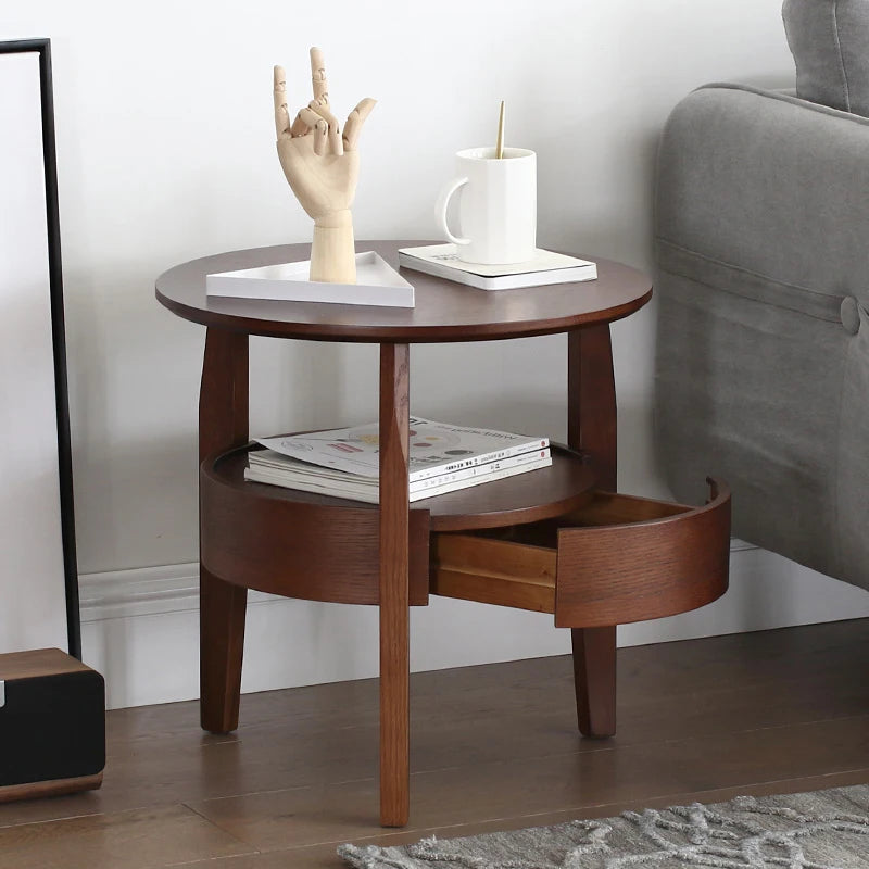 Living Room Small Round Wooden Table with Drawer,Simple Sofa Side Table, Coffee Tea Table