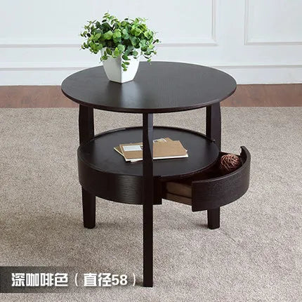 Living Room Small Round Wooden Table with Drawer,Simple Sofa Side Table, Coffee Tea Table