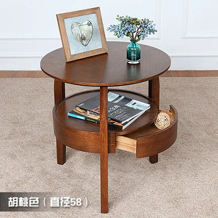Living Room Small Round Wooden Table with Drawer,Simple Sofa Side Table, Coffee Tea Table