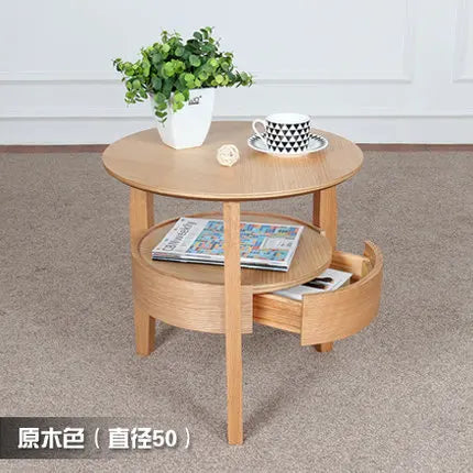Living Room Small Round Wooden Table with Drawer,Simple Sofa Side Table, Coffee Tea Table