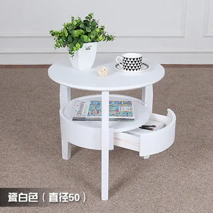 Living Room Small Round Wooden Table with Drawer,Simple Sofa Side Table, Coffee Tea Table
