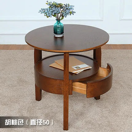 Living Room Small Round Wooden Table with Drawer,Simple Sofa Side Table, Coffee Tea Table