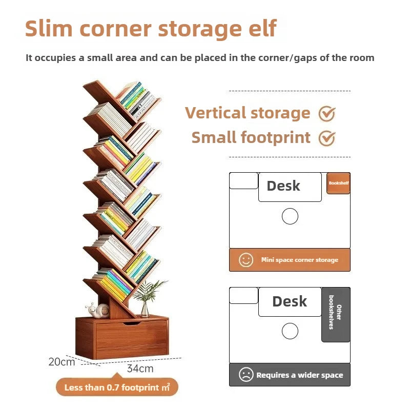 Bookshelf,Floor Standing Storage Rack,Living Room Tree Shaped Bookshelf Against The Wall,Multi-layer Narrow Seam Storage Cabinet
