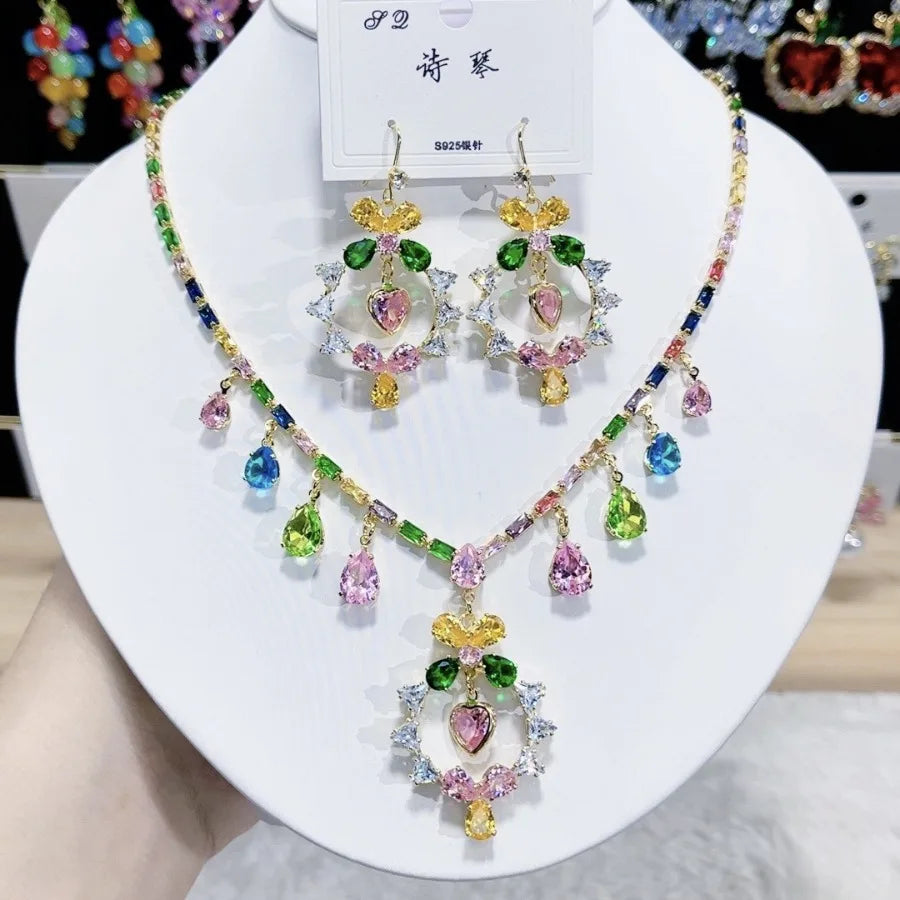 Women Rainbow Gemstone Necklace 18K Gold Plated Waterdrop Zirconia Earrings 2024