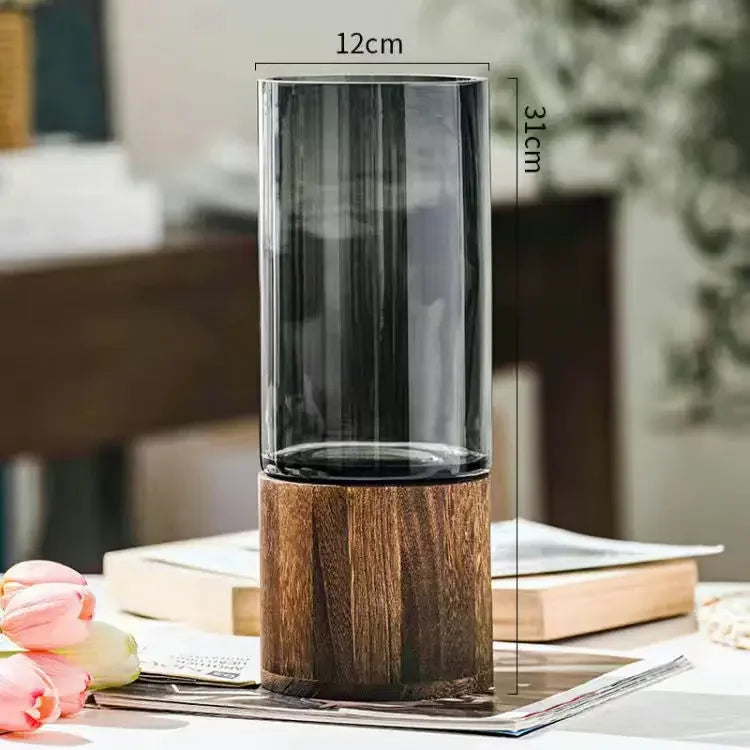 Vases Simple European Hydroponic Plant Household Living Room Table Inserted Flower Wood Base Transparent Glass Vase Home Decor