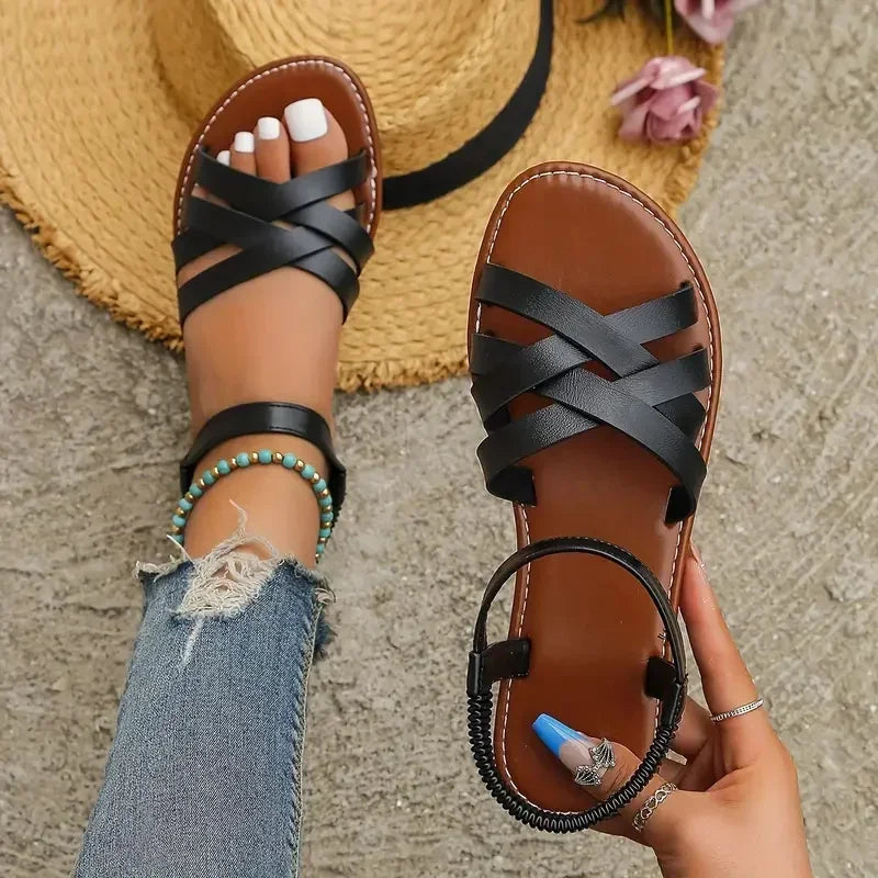 2025 New Shoes for Women Summer Women Flat Bottom Sandals Roman Strap Non Slip Rubber Soles Fashion Ladies Daily Sandals Women