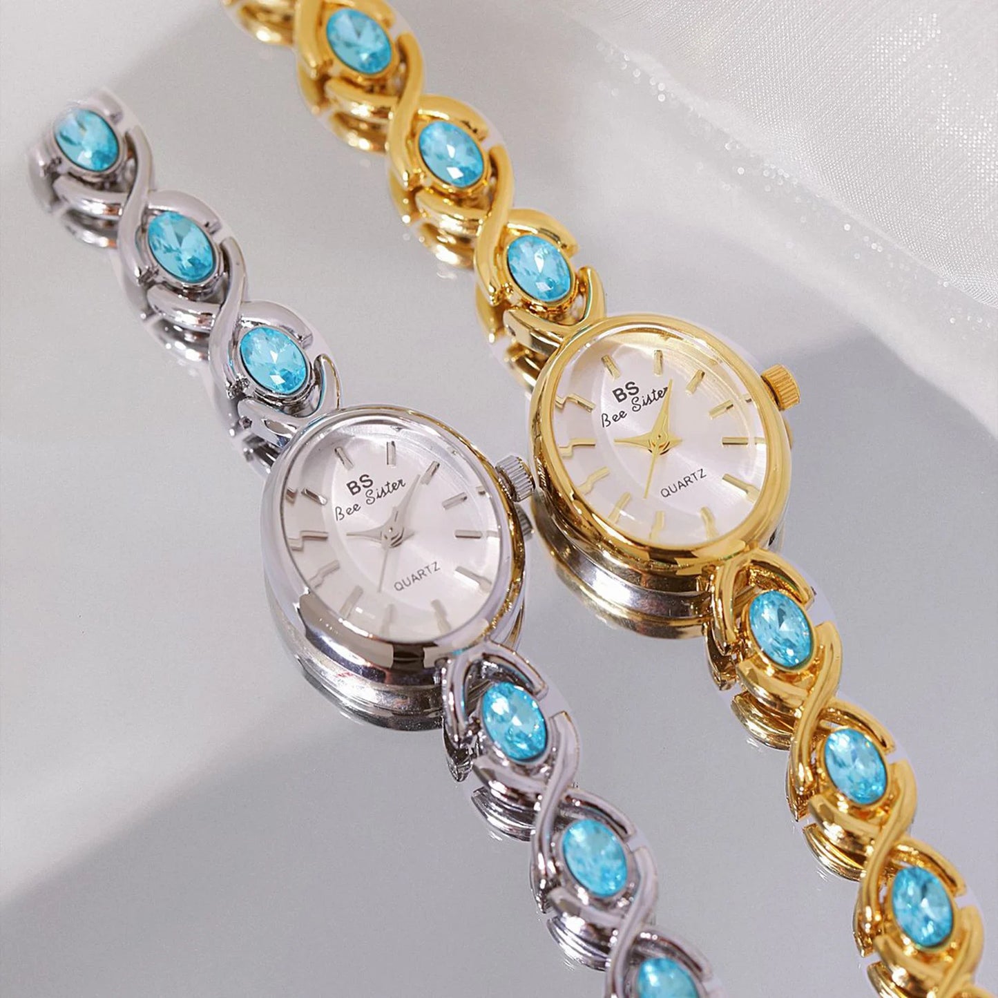 Blue Jewel Oval Bracelet Watch Luxury Crystal Quartz Watches For Woman Vintage Gold Silver Jade Wristwatch Gifts For Women