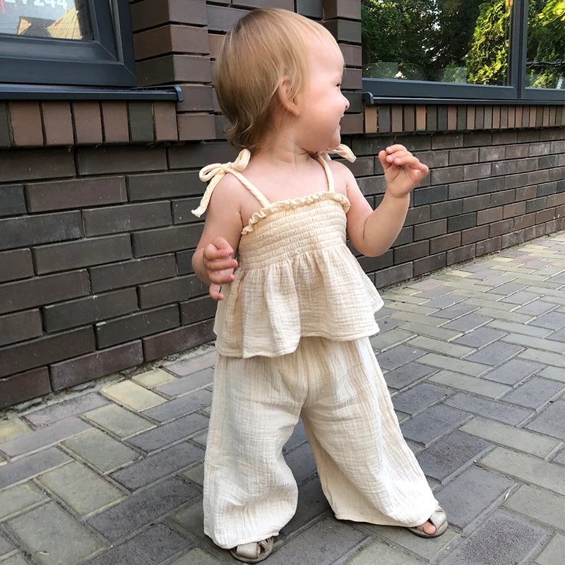 Baby Girl Muslin Cotton Sets Clothing for Girls Kids Newborn Item Summer Solid Color Sleveless Short + Wide Leg Pants Camisole