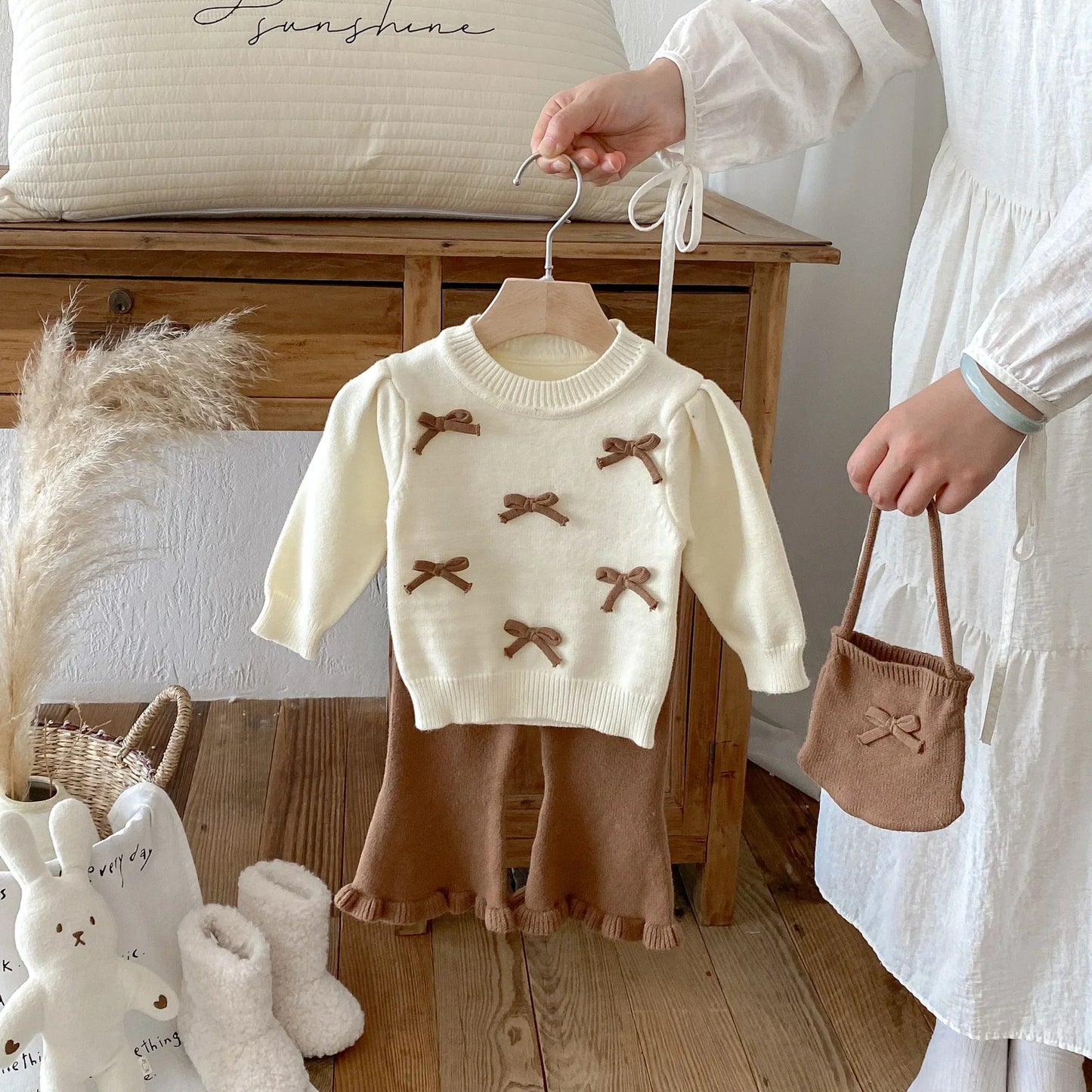 Baby Girl 3-Piece Knitted Outfit Set Autumn Cute Bowknot Cream Sweater + Brown Ruffle Flared Pants + Mini Bag Girls Clothing