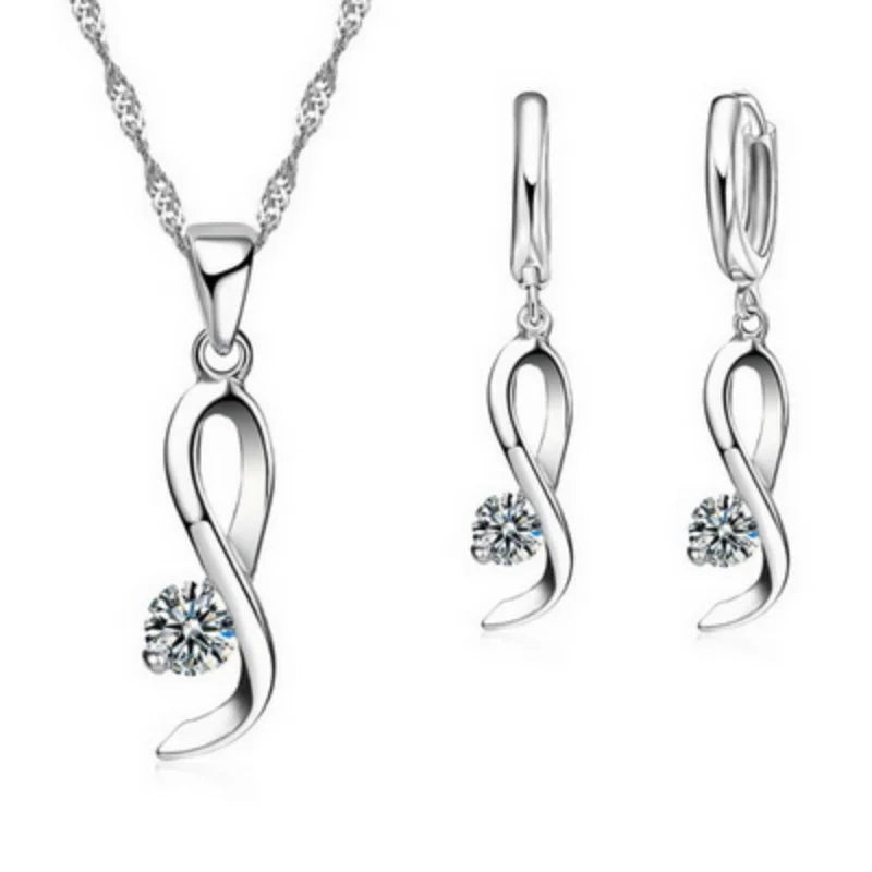 Elegant Woman 925 Sterling Silver Jewelry Clear CZ Fashion Design Pendant Necklace Woman Drop Earring Wedding Set With Box