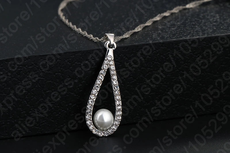 Fine 925 Sterling Silver Jewelry Sets Shiny Zircon Water Drop Pearl Pendant Necklaces Earring Set for Woman Wedding Gift