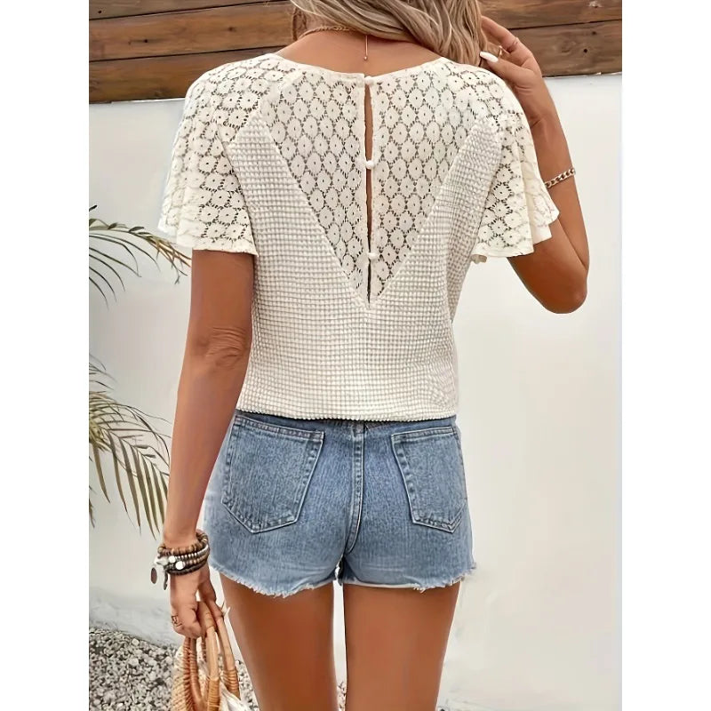 Women's Clothing Elegant V-neck Lace Spliced Blouses Top Spring Summer Streetwear Female Flared Short Sleeves Sweater T-shirts