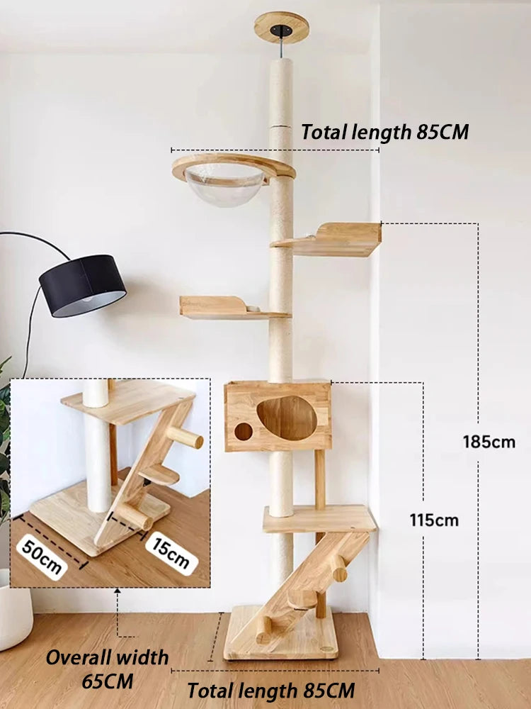 Solid Wood Cat Tree House Tower Floor To Ceiling Cat Tree Tall Wooden Large Towers Cats Trees Climbing Scratching Post Pets