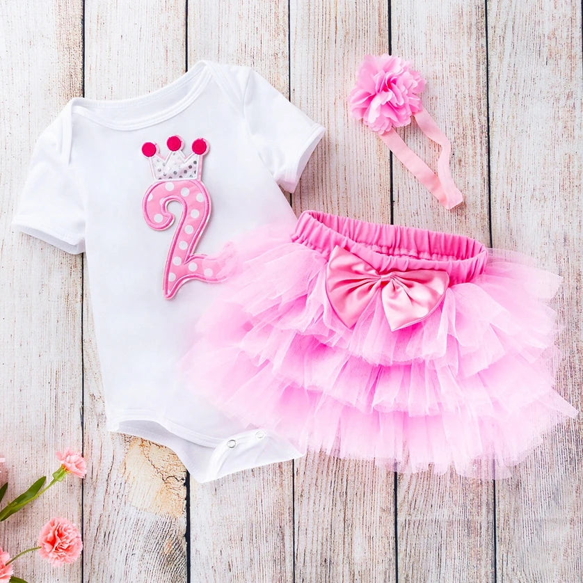 Newborn Girl Sweet Clothes Cotton First Birthday Bodysuit Cake Smash Tutu Skirt Headband Baby Girl Birthday Outfits Party Wear