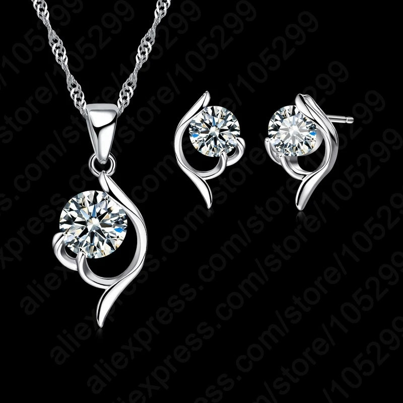 Latest Shinning Woman Gift 925 Sterling Silver Jewelry CZ Pendant Necklace Earring Lady Wedding Engagement Set With Box