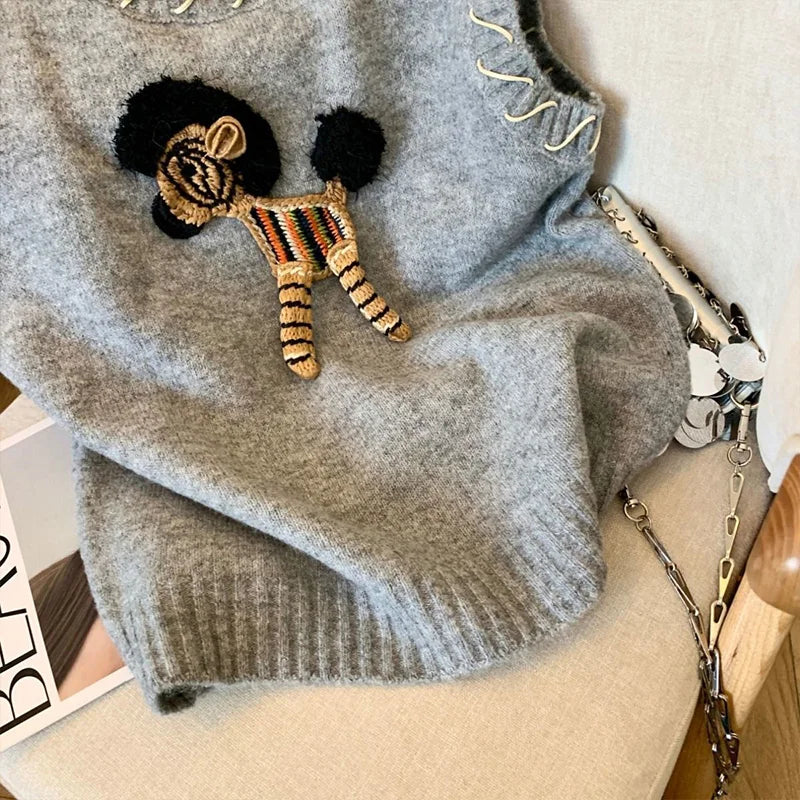 Women's Clothing Vintage Fashion Cartoon Embroidery Sweater Vest Spring New Soft Loose O-neck Sleeveless Knitted Tops