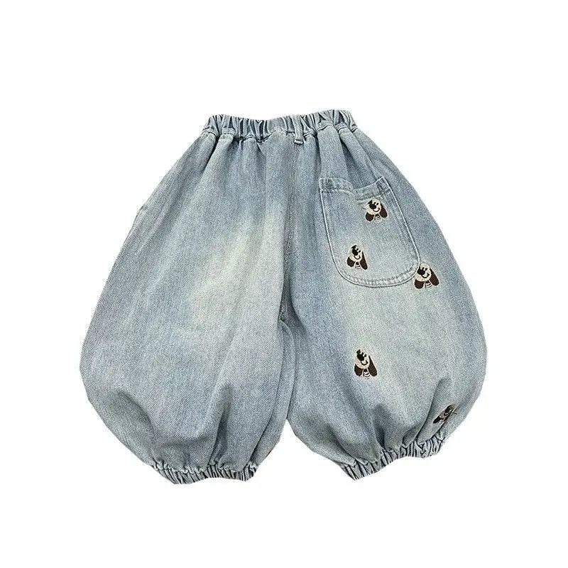 Baby Boys' Cartoon Embroidery Jeans Spring Autumn Loose Denim Pants Korean Casual Wide-leg Pants Children's Ankle-length Pants