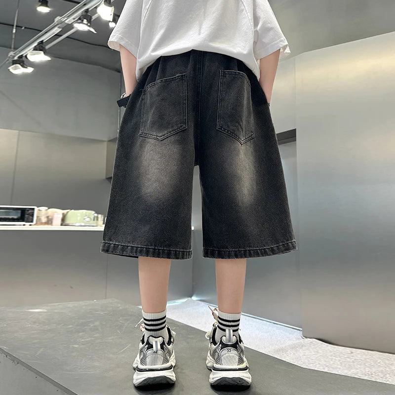Boy Star Jeans 2025 Summer New Product Fashion Boys Denim Mid-Pants Children's Casual Cropped Pants 5-15 Years Old