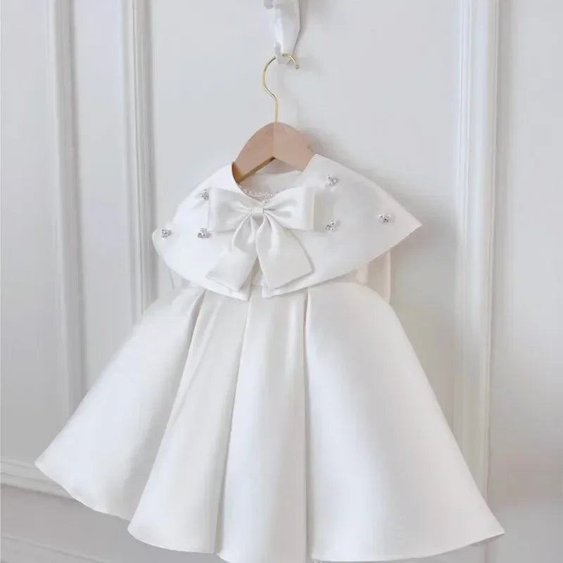 Baby Girl Princess Party Birthday Baptism Frocks Baby Clothes 1-7Y Pearl Silk Dress Cloak Infant Toddler Vintage Bow Vestidos