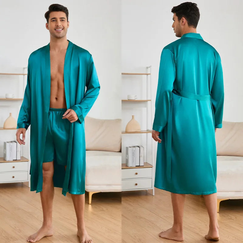 Men's Long Robe Pajama 2-Piece Set Silk Satin Kimono Bathrobe Gown Home Clothing Loose Casual Pijamas Suit Loungewear Sleepwear