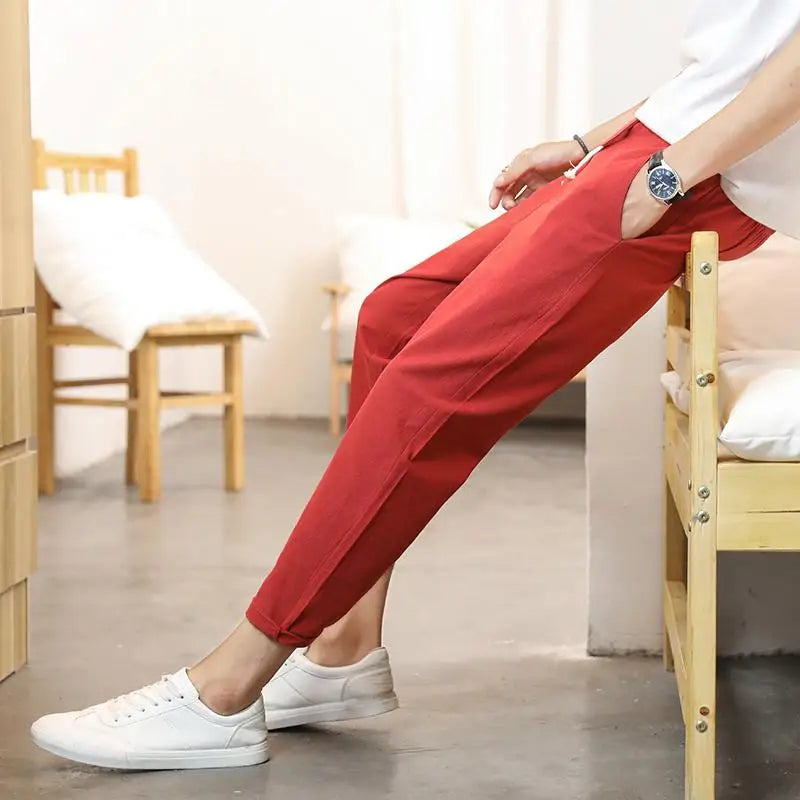 2025 Men's Cotton Linen Pants Male Summer New Breathable Solid Color Linen Trousers Fitness Streetwear Ankle Length Trousers 5XL