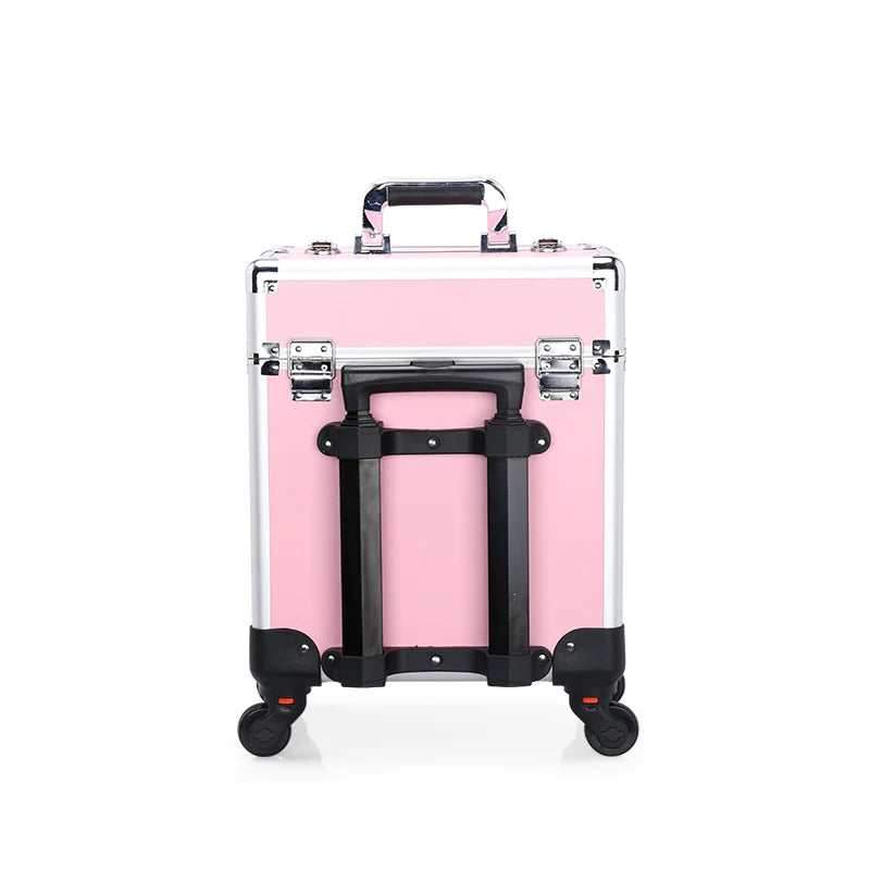 Aluminum Rolling Makeup Case Lockable Cosmetic Salon Organizer Trolley Case With Trays