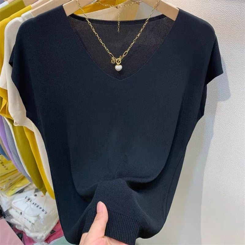 Women Clothing Summer Fashion Simple Short Sleeve Ice Silk Thin Knitted T-shirt Casual Commute Solid V Neck Loose Pullover Tops