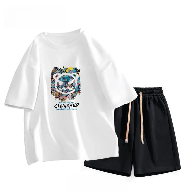 Men's Suit, Pure Cotton Printed Short-sleeved Top, Casual Summer Wear with High-end Trendy T-shirt, Youth Clothes, Cool