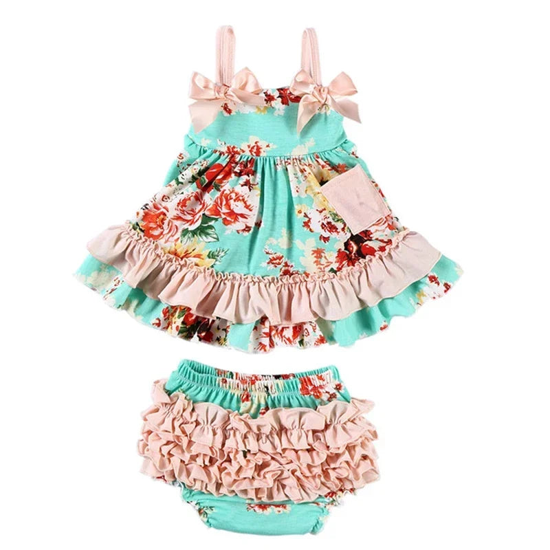 2025 New Born Baby Girl Clothes Baby Suit Overall Floral Clothes Set 3-24m Cotton Sleeveless Toddler Infant Ruffle Tops + Shorts