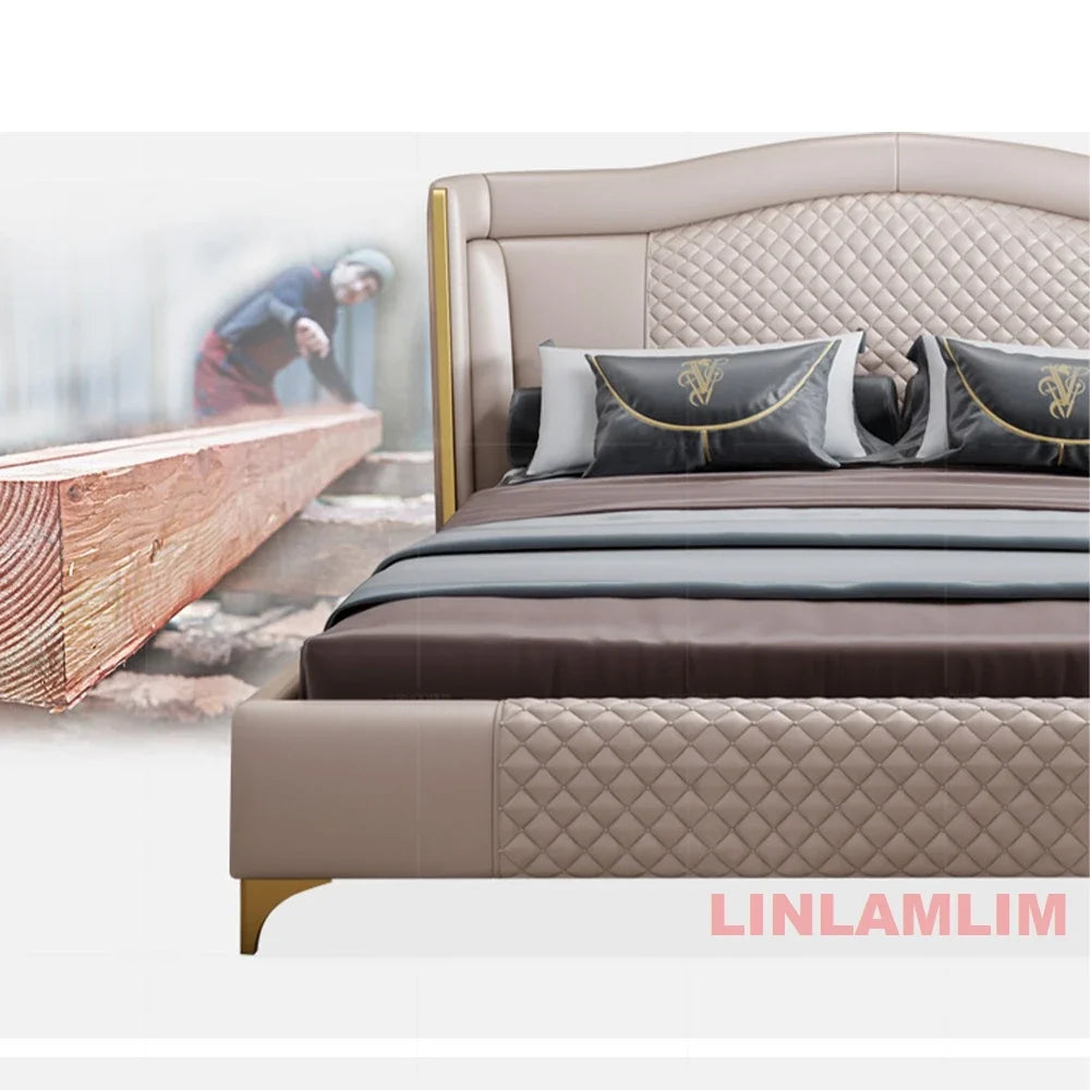Linlamlim Luxury Genuine Leather Upholstered Bed with Quilted Headboard - Modern King/Queen Size Soft Bed with Gold Accents