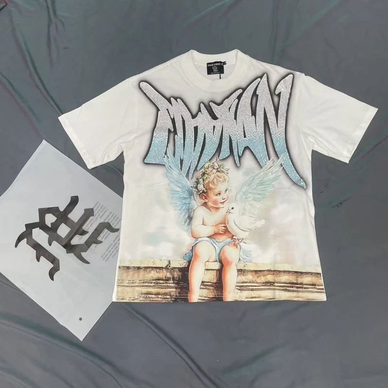 Men's Clothing MIXED EMOTION T-shirts American Streetwear Interesting Angel Print Hot Drill Letter Logo Top Tee Short Sleeve