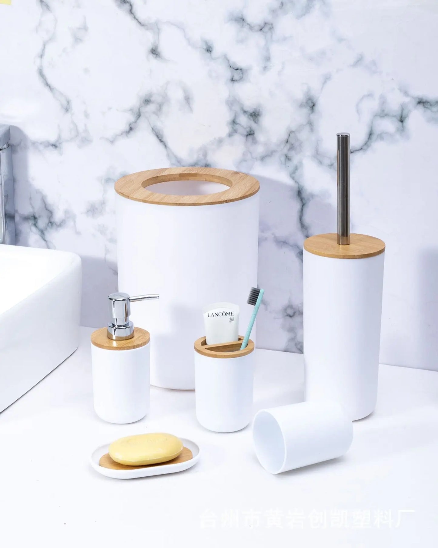6 Pcs Bamboo Bathroom Accessories Set - Modern White Bath Organizer Kit, Natural Wood Toiletries Holder for Home Decor