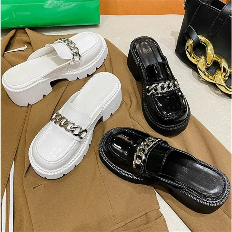 Women's Elevated Platform House Slippers Female Slides Shoes Square heel Mules Fashion Loafers Med Cover Toe Heels Luxury Fabric