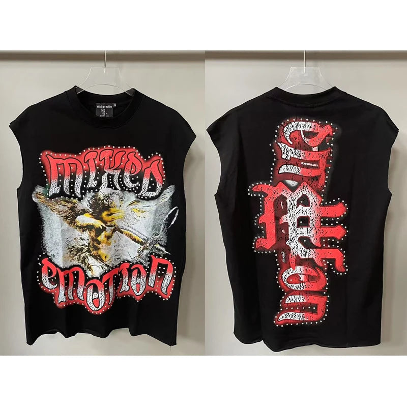 Men's Clothing MIXED EMOTION T-shirts American Streetwear Interesting Angel Print Hot Drill Letter Logo Top Tee Short Sleeve