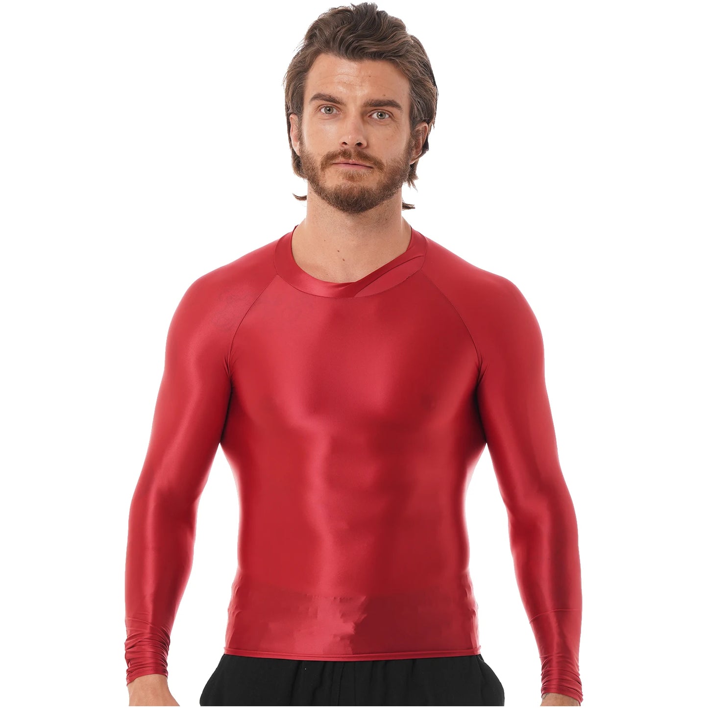 Men's Clothing Glossy O Neck Long Sleeve T-shirt Solid Color Slim Fit Breathable Shirt Tops Gym Jogging Yoga Sportwear
