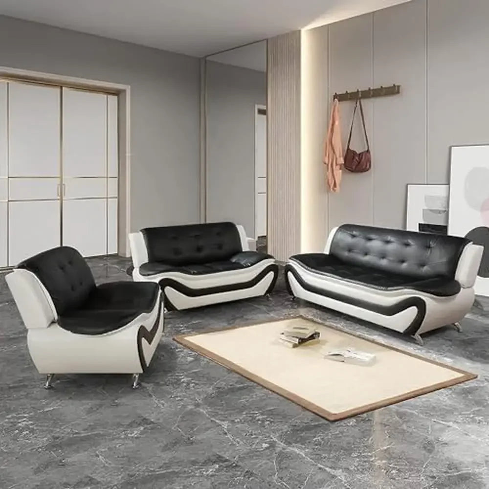 Contemporary Vegan Leather Sofa Living Room Furniture Set 3 PCS Black/White Ergonomic Design Breathable Faux Leather Upholstery
