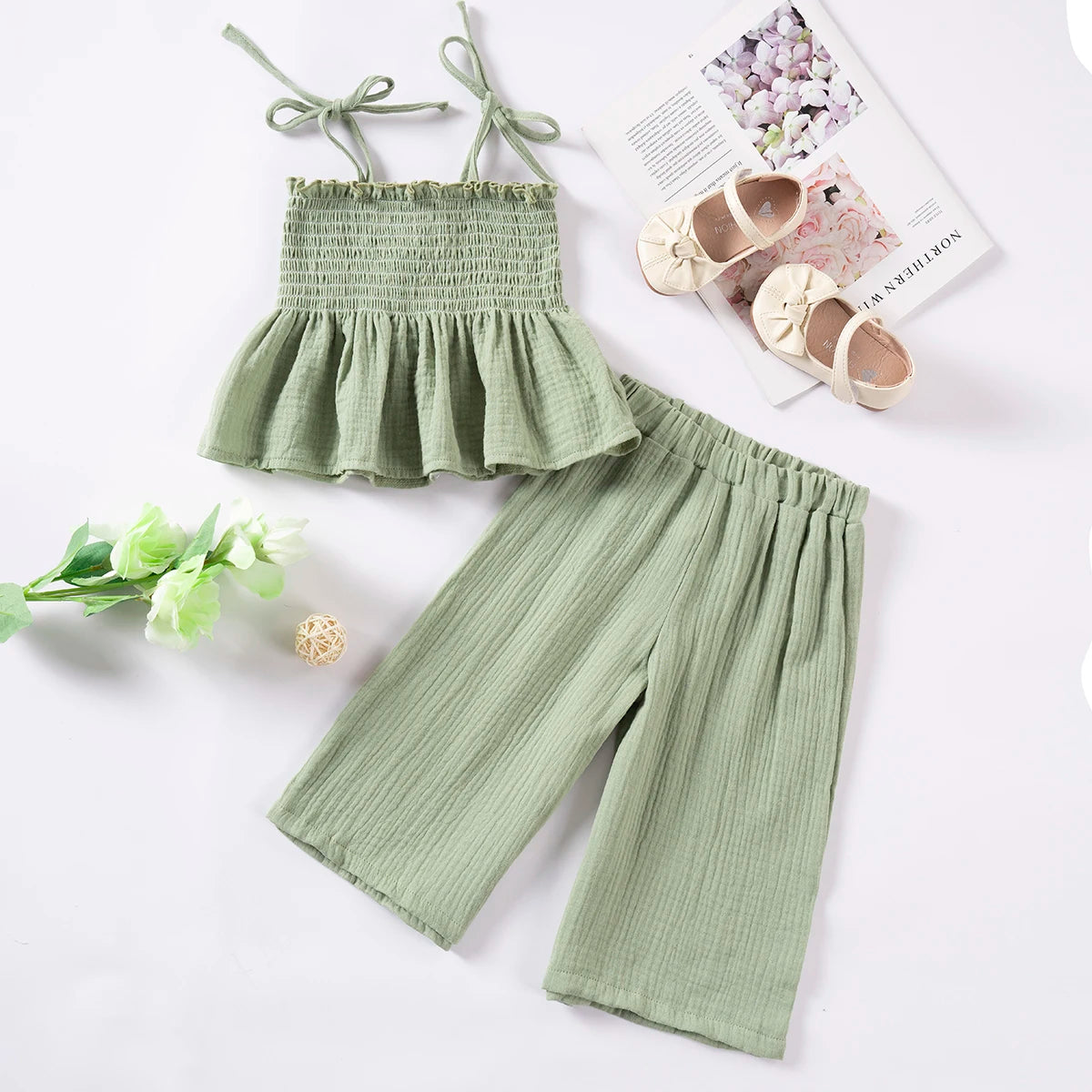 Baby Girl Muslin Cotton Sets Clothing for Girls Kids Newborn Item Summer Solid Color Sleveless Short + Wide Leg Pants Camisole