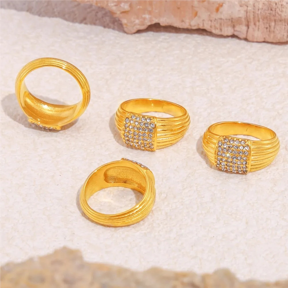 Women's Shiny Rhinestones Ring 18k Gold Plated Waterproof No Tarnish Cast Stainless Steel Rings For Women Luxury Woman Jewelry