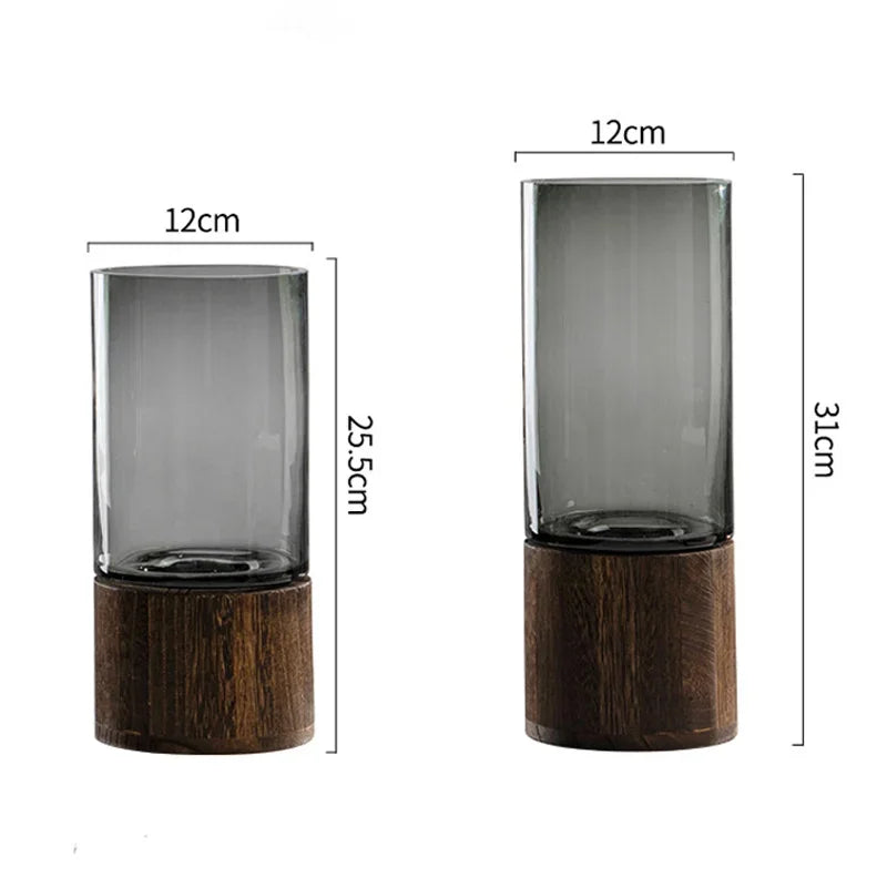 Vases Simple European Hydroponic Plant Household Living Room Table Inserted Flower Wood Base Transparent Glass Vase Home Decor