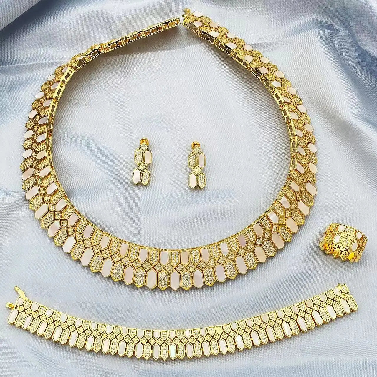 HOT Jewelry Sets For Woman Wedding Parties Jewellery Necklace Earrings Rings Bracelets For Gift Plating18k With CZ White shell