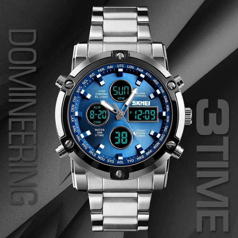 Men's Quartz Watch Luxury Sport Digital Wristwatch Waterproof Stainless Steel Male Watches Clock Relogio Masculino 1389