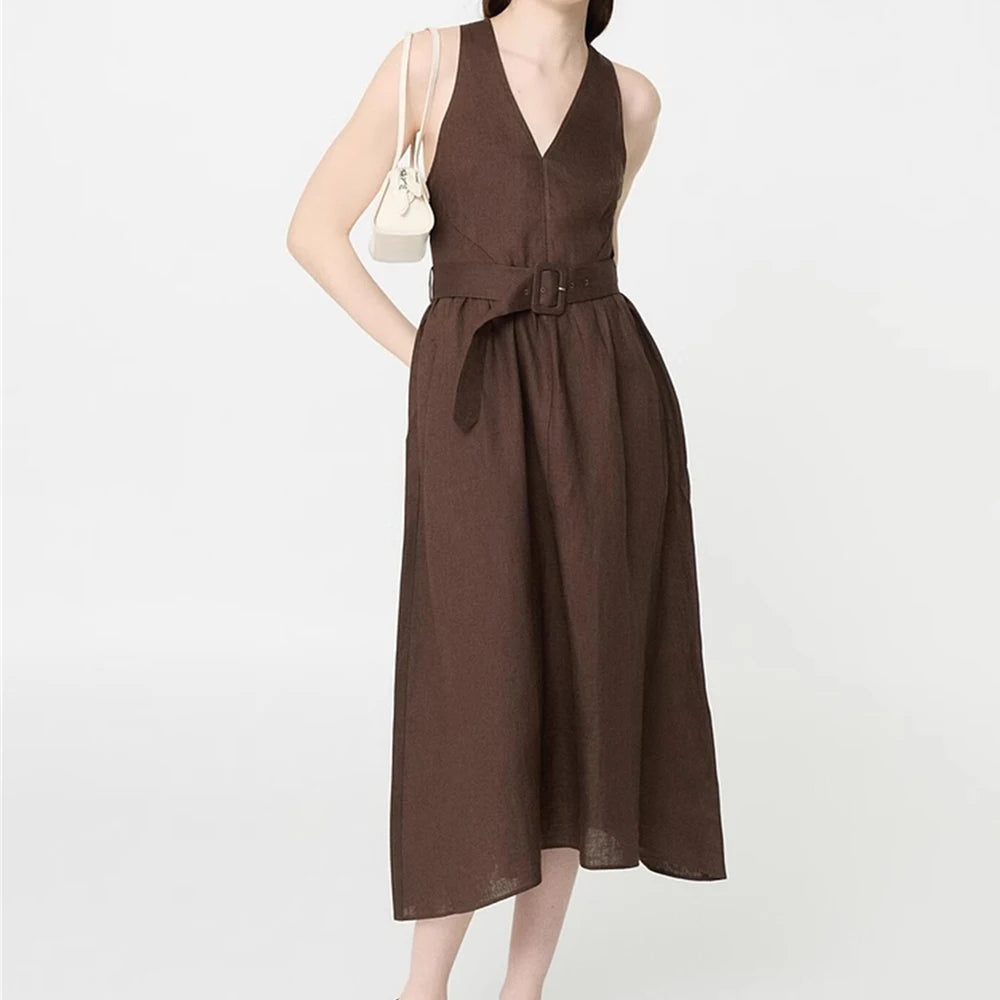 Women Dress 2025 New Fashion Summer Linen V-neck A-Line Dresses for Women Casual Chic Ladies Midi Dress
