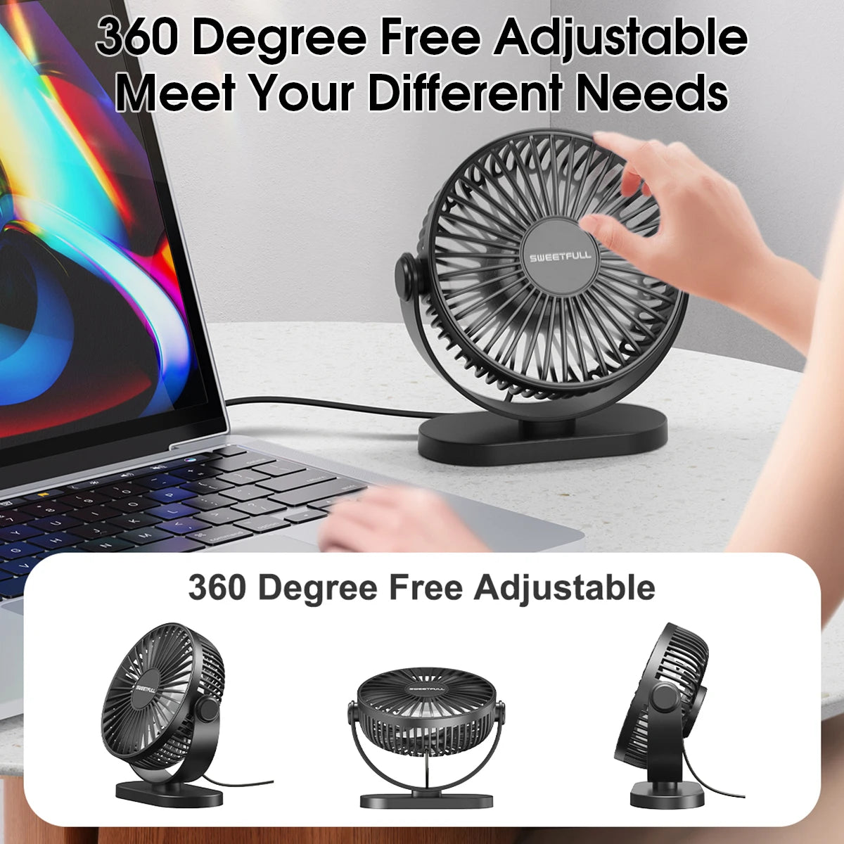 Electric Fan Portable Cooling Laptops Silent USB Fan Three Speed Adjustment for Home Office Desktop Outdoor Camping Mini Fan