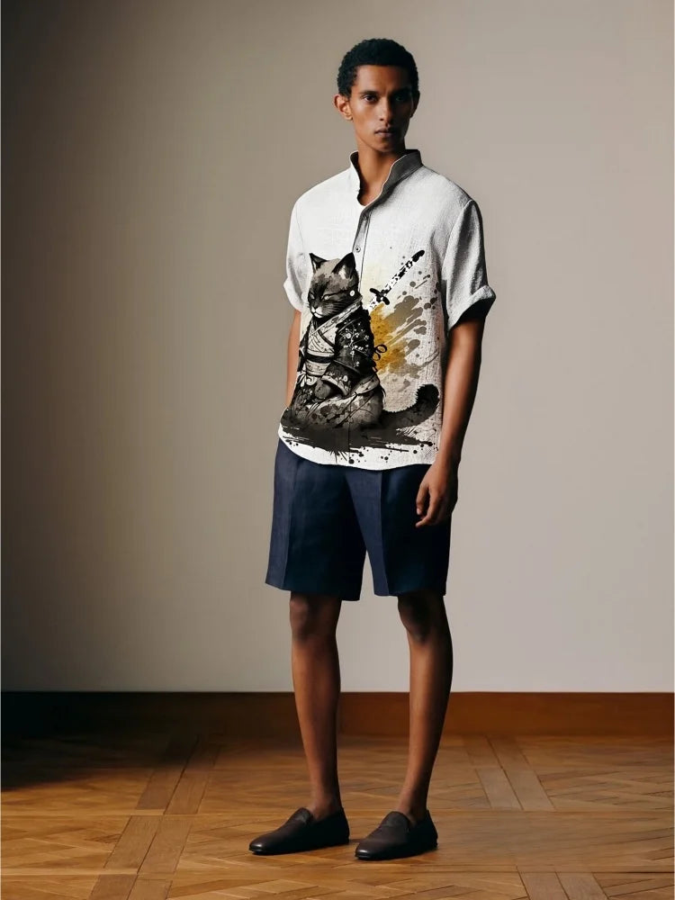 Men's Clothings Blouse Japanese Samurai Cat Meditating Art Linen Blend Cozy Shirt Short Sleeve Retro American Style Harajuku Top