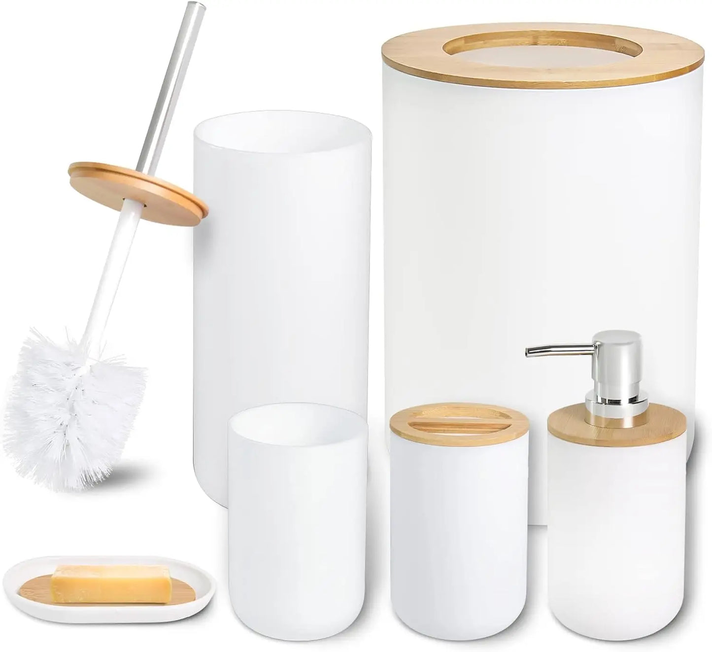 6 Pcs Bamboo Bathroom Accessories Set - Modern White Bath Organizer Kit, Natural Wood Toiletries Holder for Home Decor